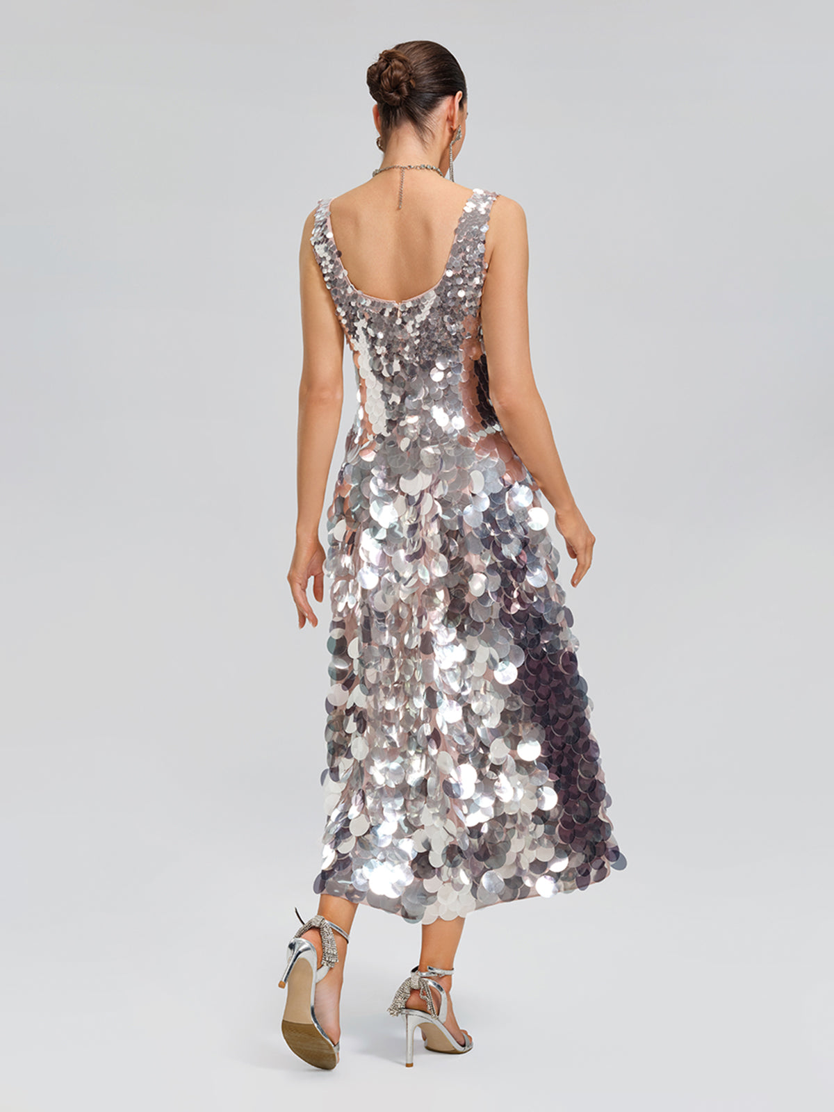 Silver Sequin Square-Neck Gown