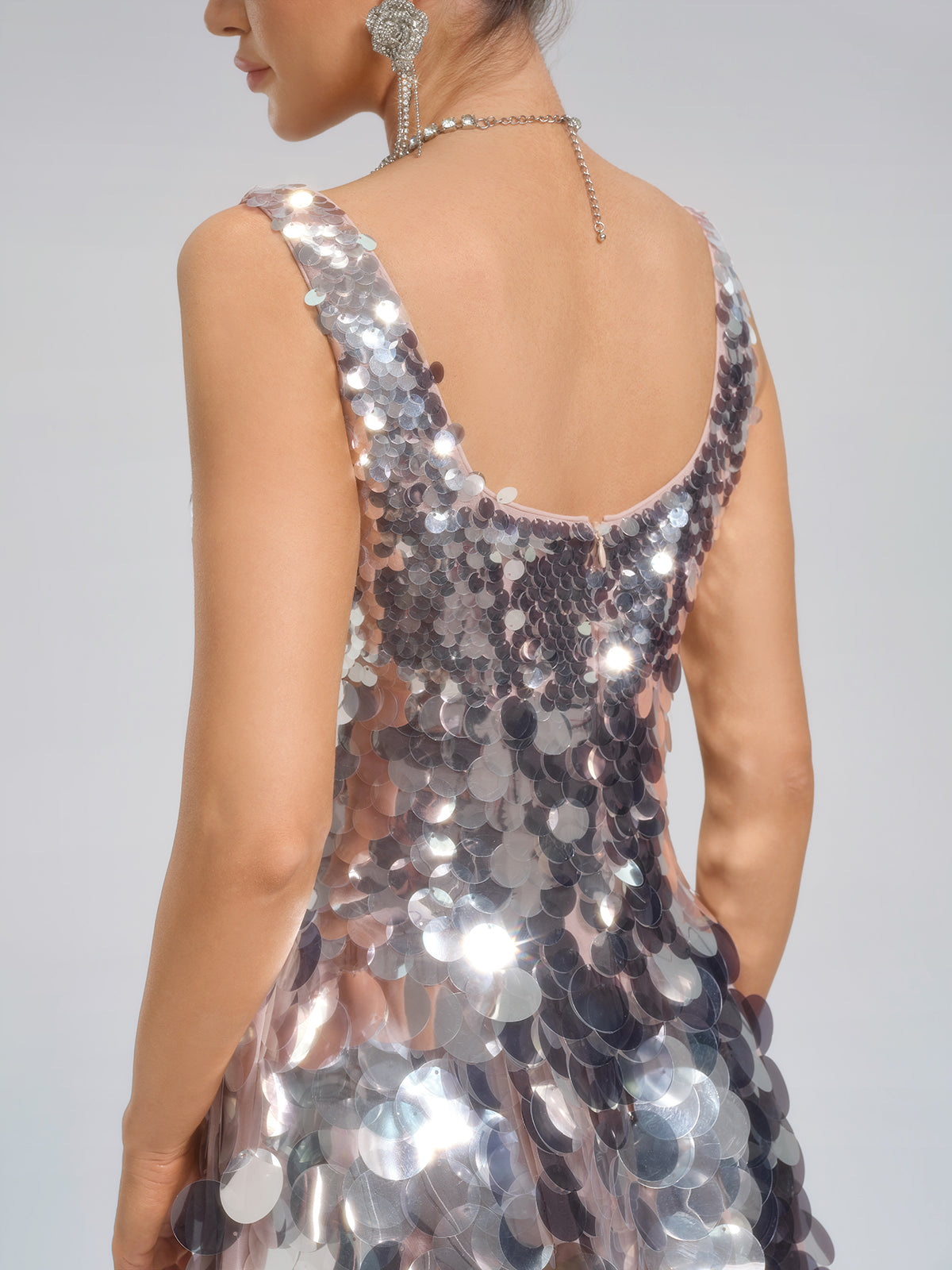 Silver Sequin Square-Neck Gown