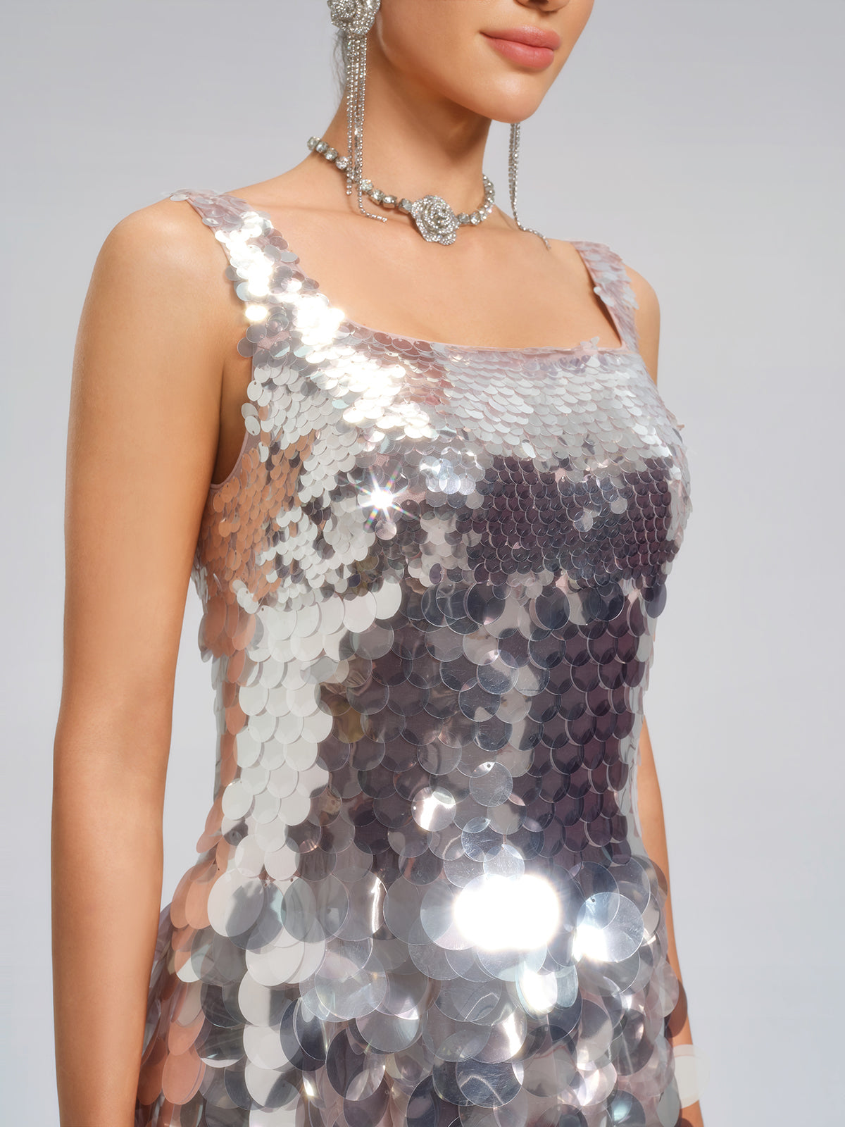 Silver Sequin Square-Neck Gown