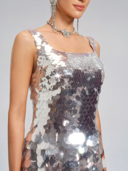 Silver Sequin Square-Neck Gown