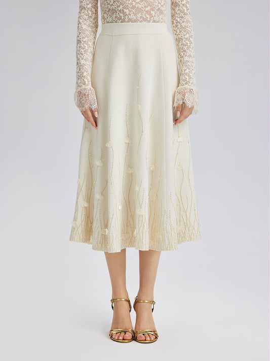 Rhinestone Beaded Wool Knit Elasticated Skirt