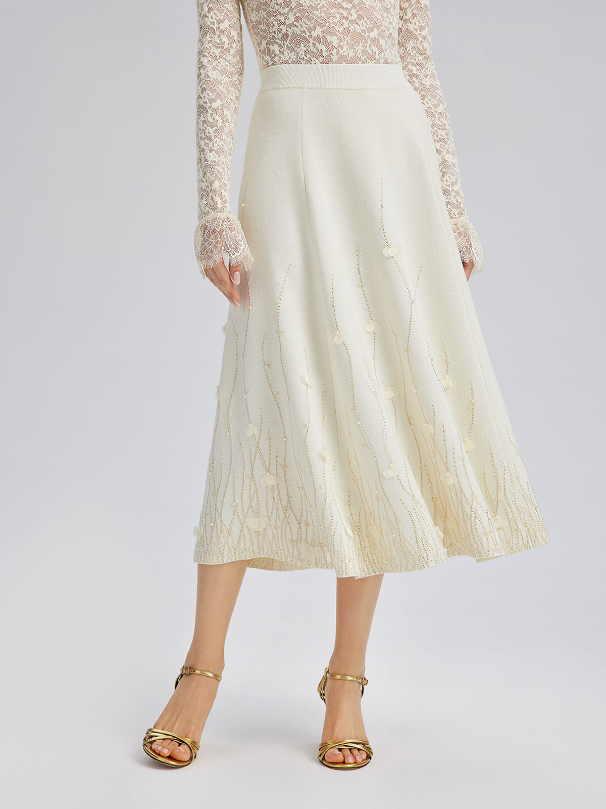 Final Sale | Rhinestone Beaded Wool Knit Elasticated Skirt