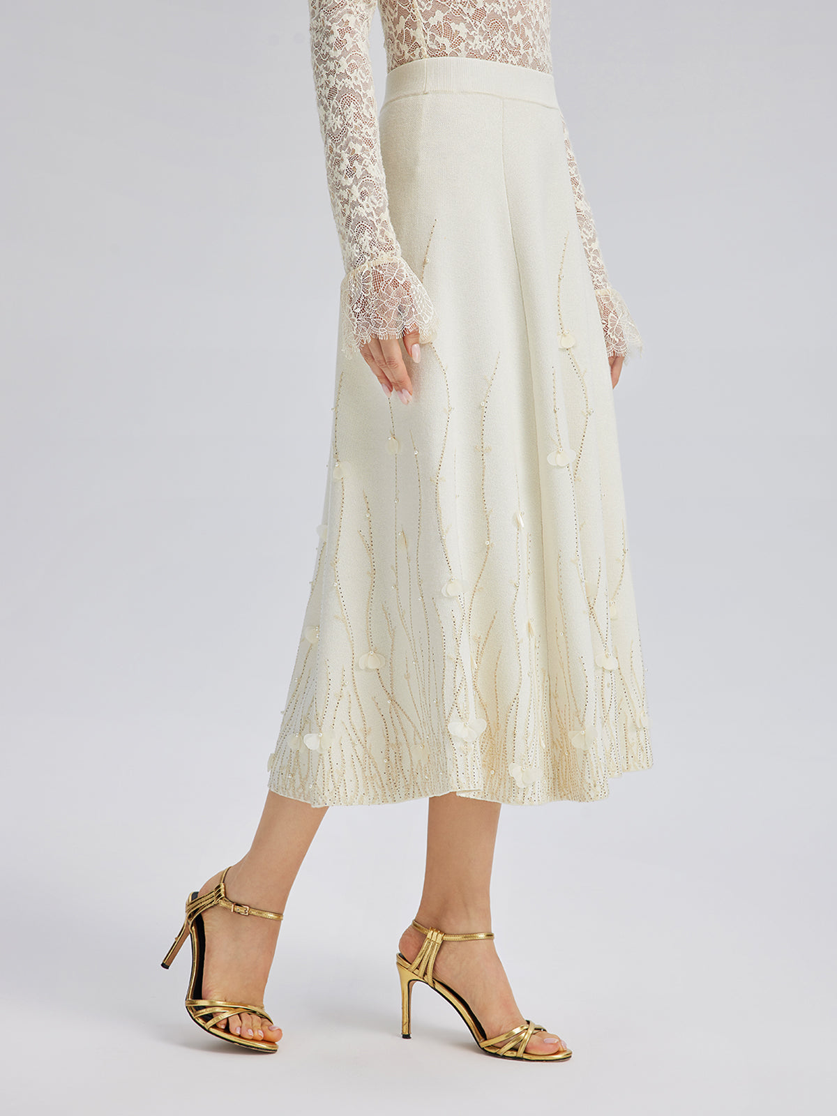 Rhinestone Beaded Wool Knit Elasticated Skirt