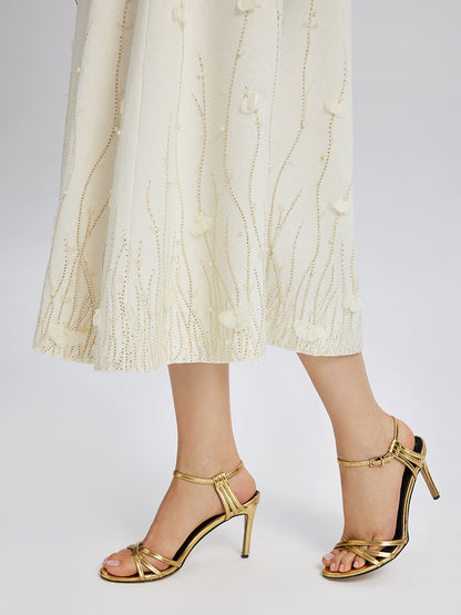 Rhinestone Beaded Wool Knit Elasticated Skirt