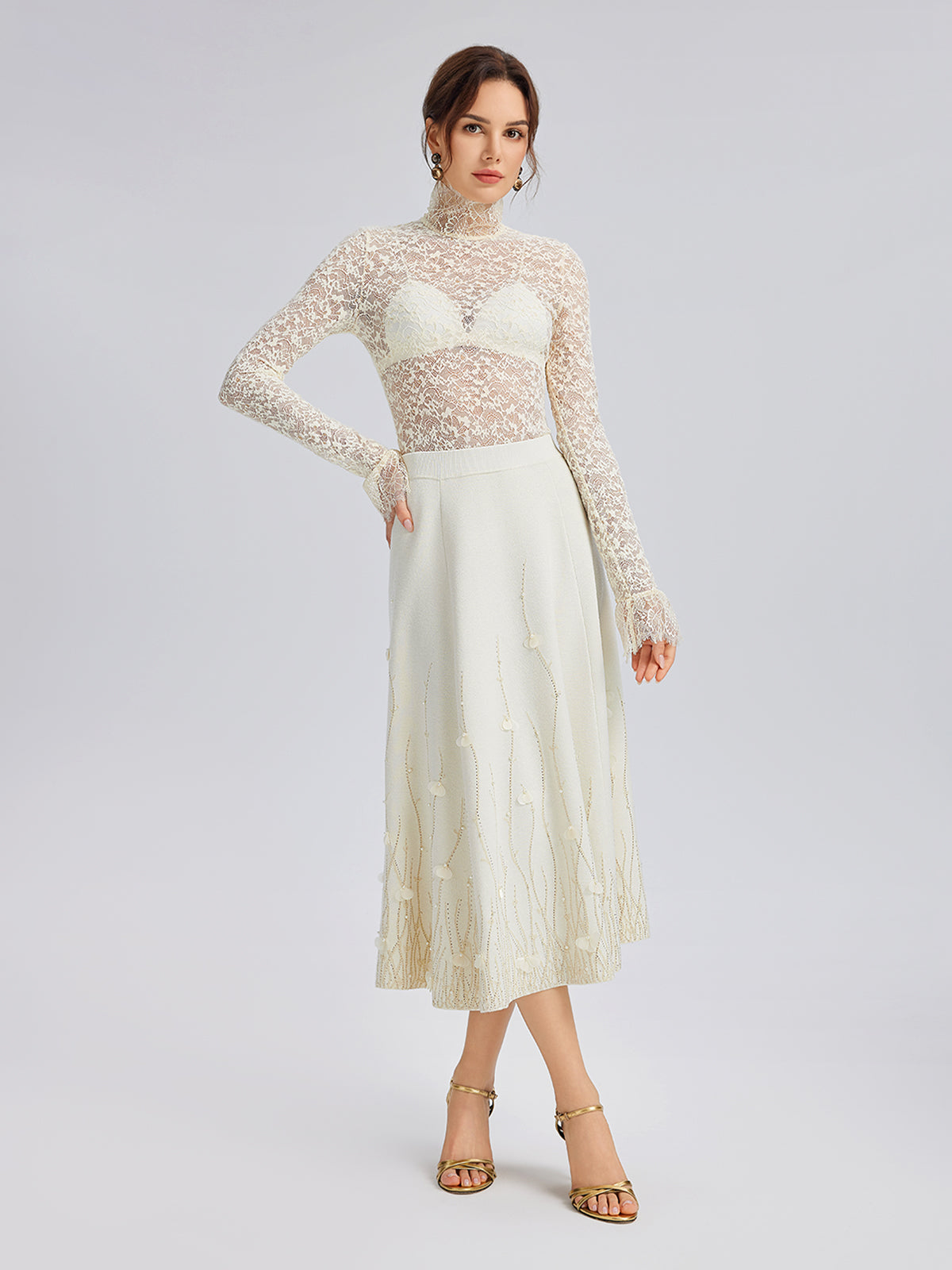 Rhinestone Beaded Wool Knit Elasticated Skirt