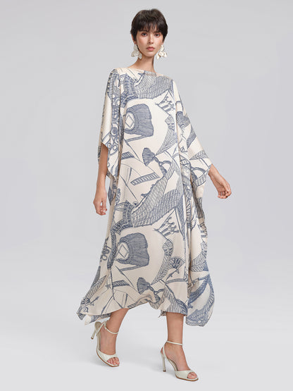 Acetate Satin Nautical Print Dress(Waist Tie Included)