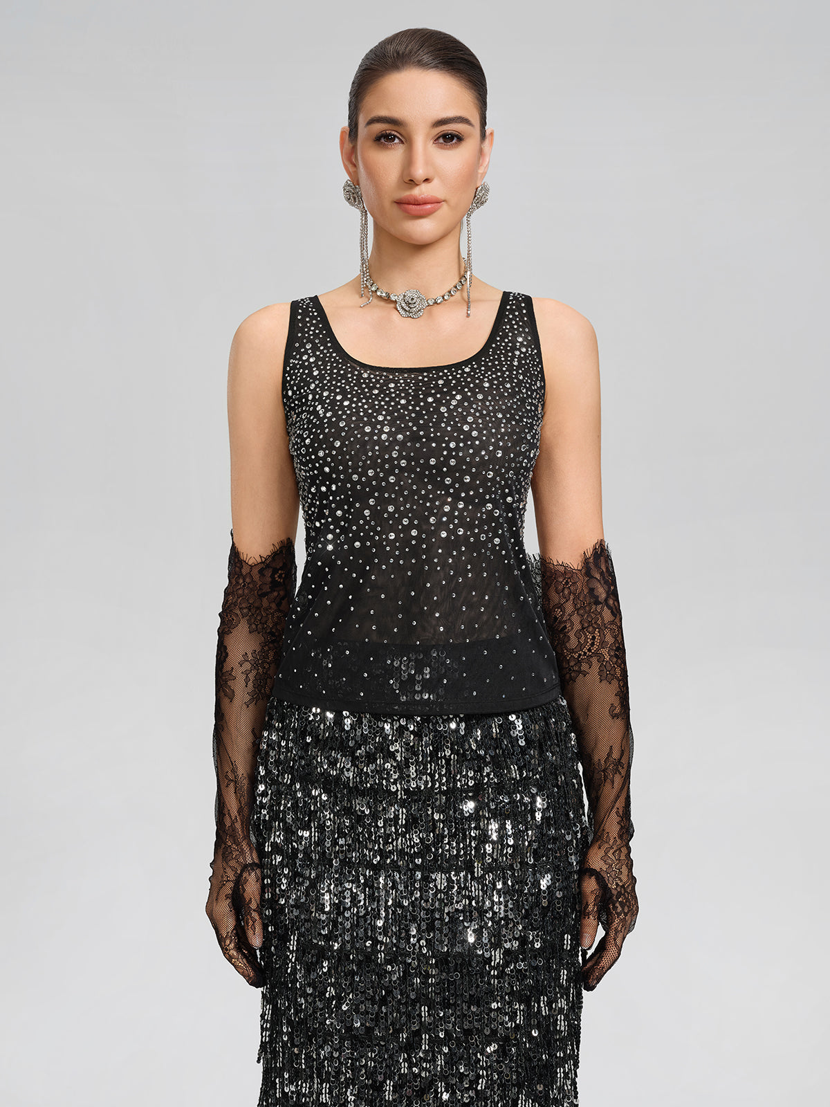 Rhinestones Mesh U-Neck Fitted Sleeveless Top