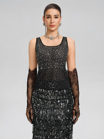 Rhinestones Mesh U-Neck Fitted Sleeveless Top