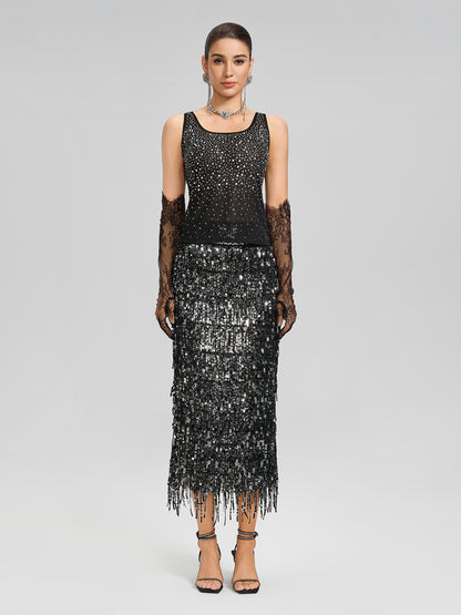 Rhinestones Mesh U-Neck Fitted Sleeveless Top
