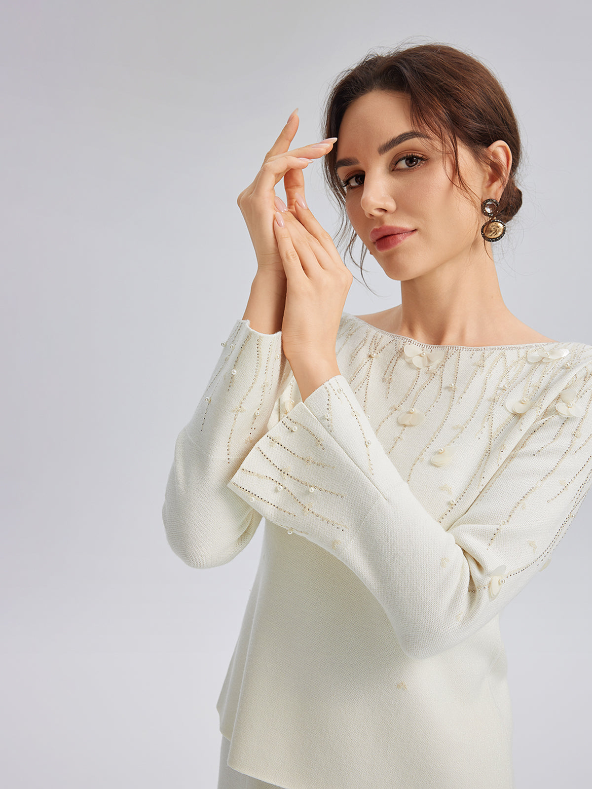 Rhinestone Beaded Wool Knit Top