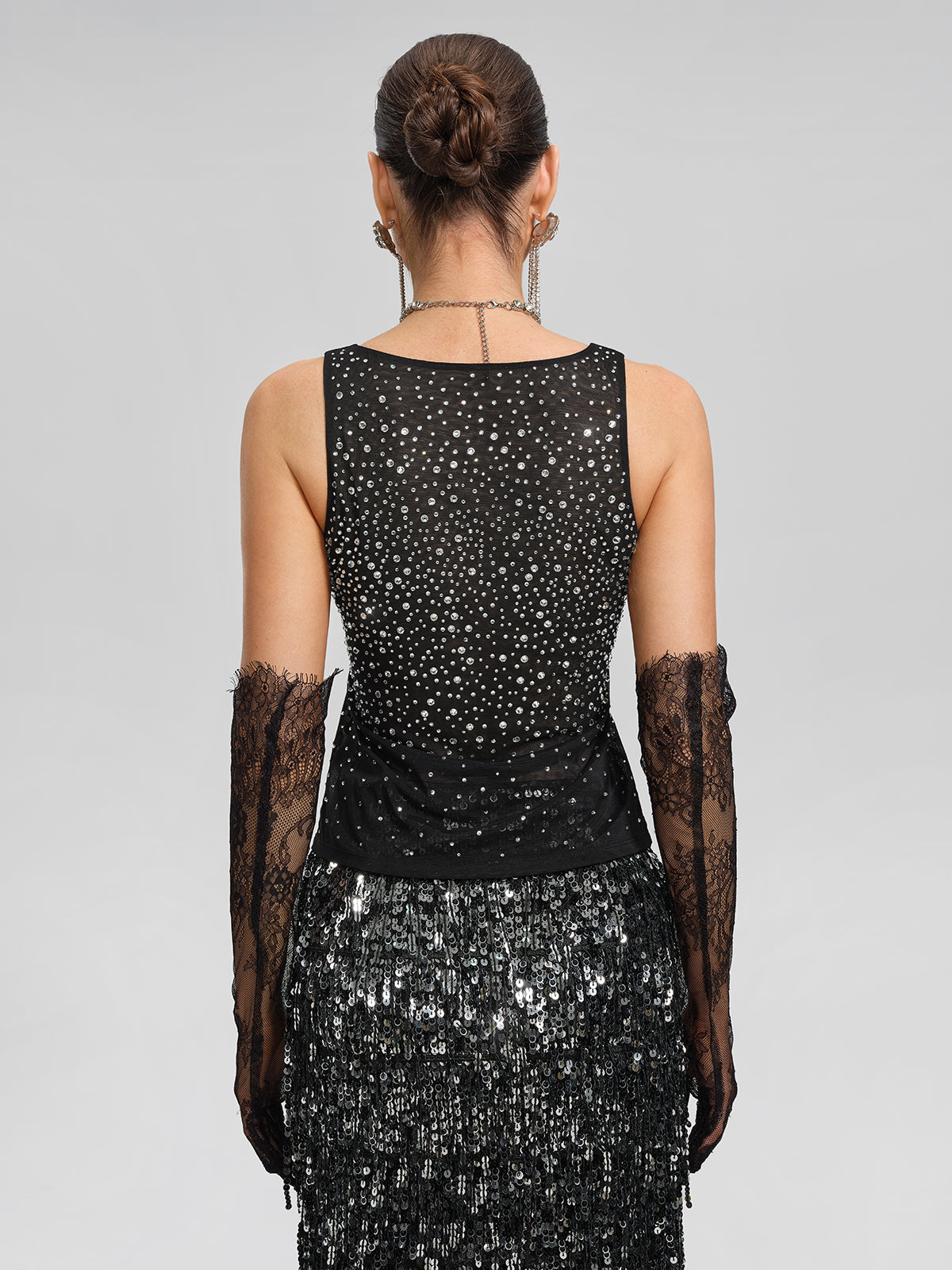 Rhinestones Mesh U-Neck Fitted Sleeveless Top