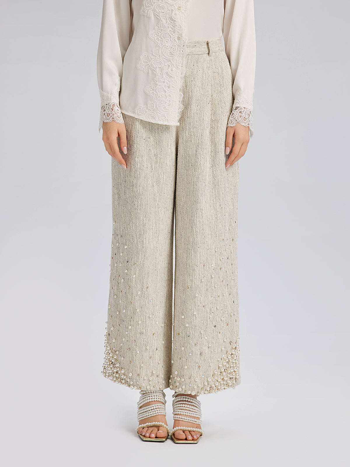 Hand-Sewn Pearl Textured Straight-Leg Pants