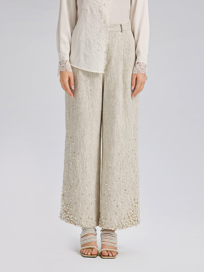 Hand-Sewn Pearl Textured Straight-Leg Pants
