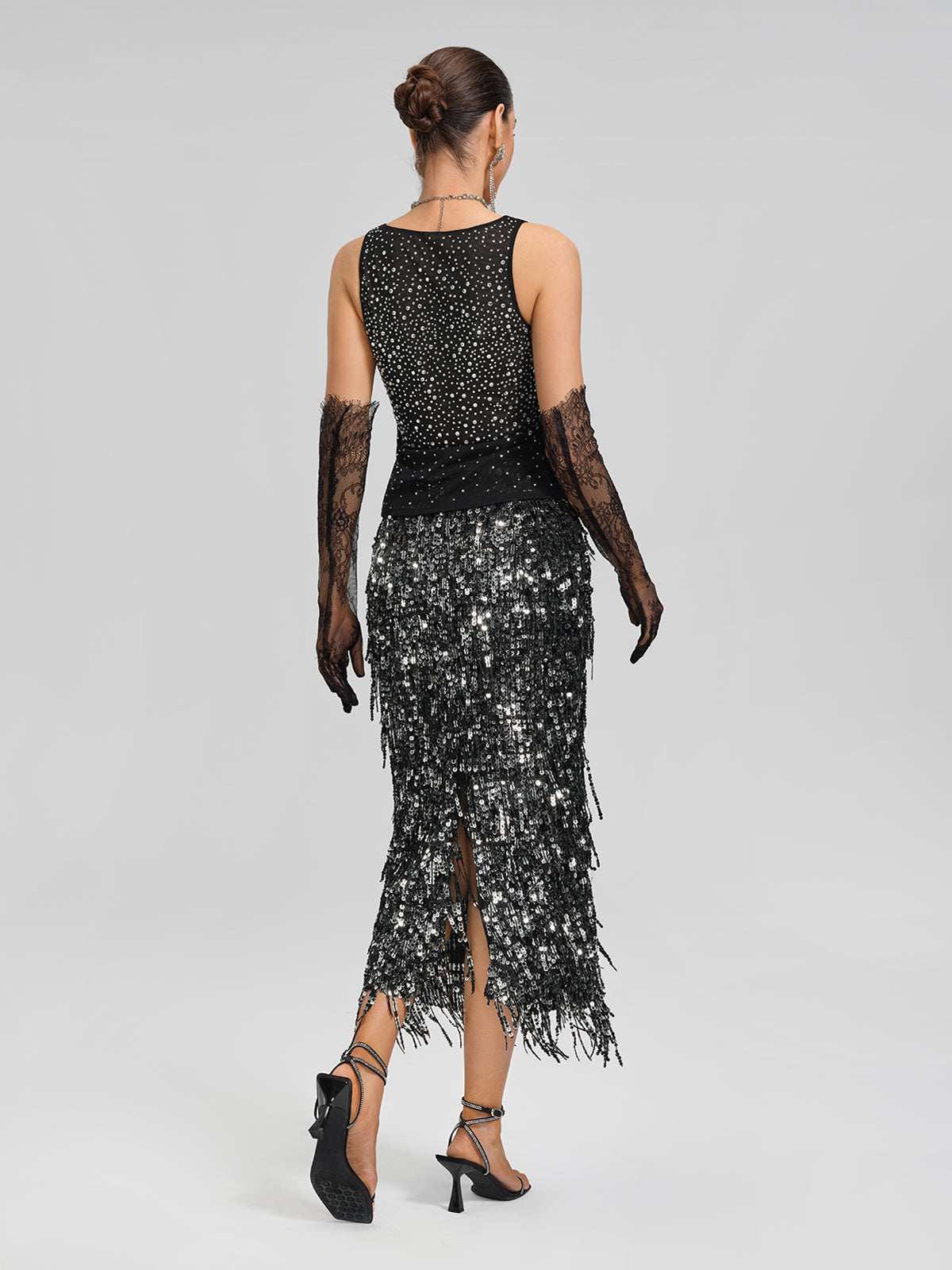 Rhinestones Mesh U-Neck Fitted Sleeveless Top