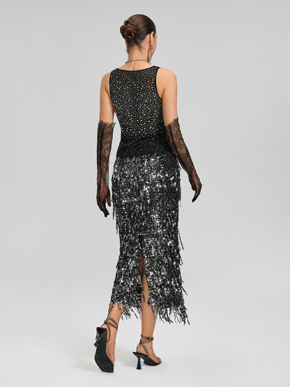 Rhinestones Mesh U-Neck Fitted Sleeveless Top