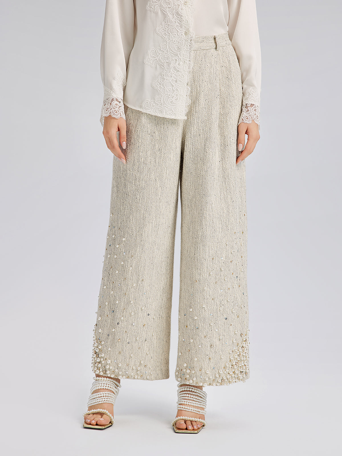 Hand-Sewn Pearl Textured Straight-Leg Pants
