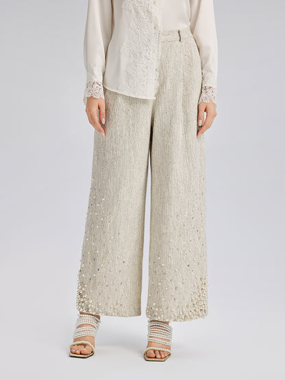 Hand-Sewn Pearl Textured Straight-Leg Pants