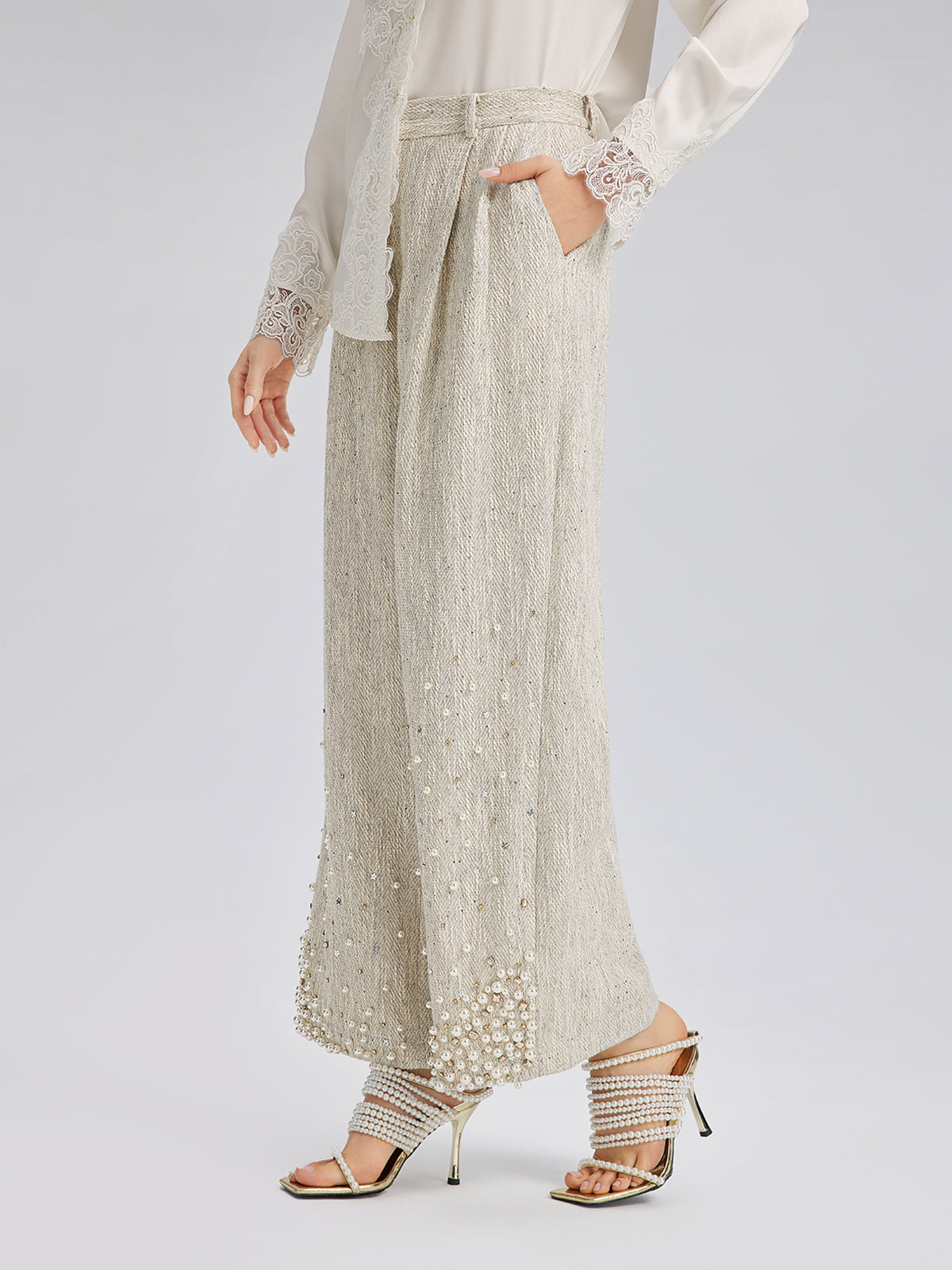Hand-Sewn Pearl Textured Straight-Leg Pants