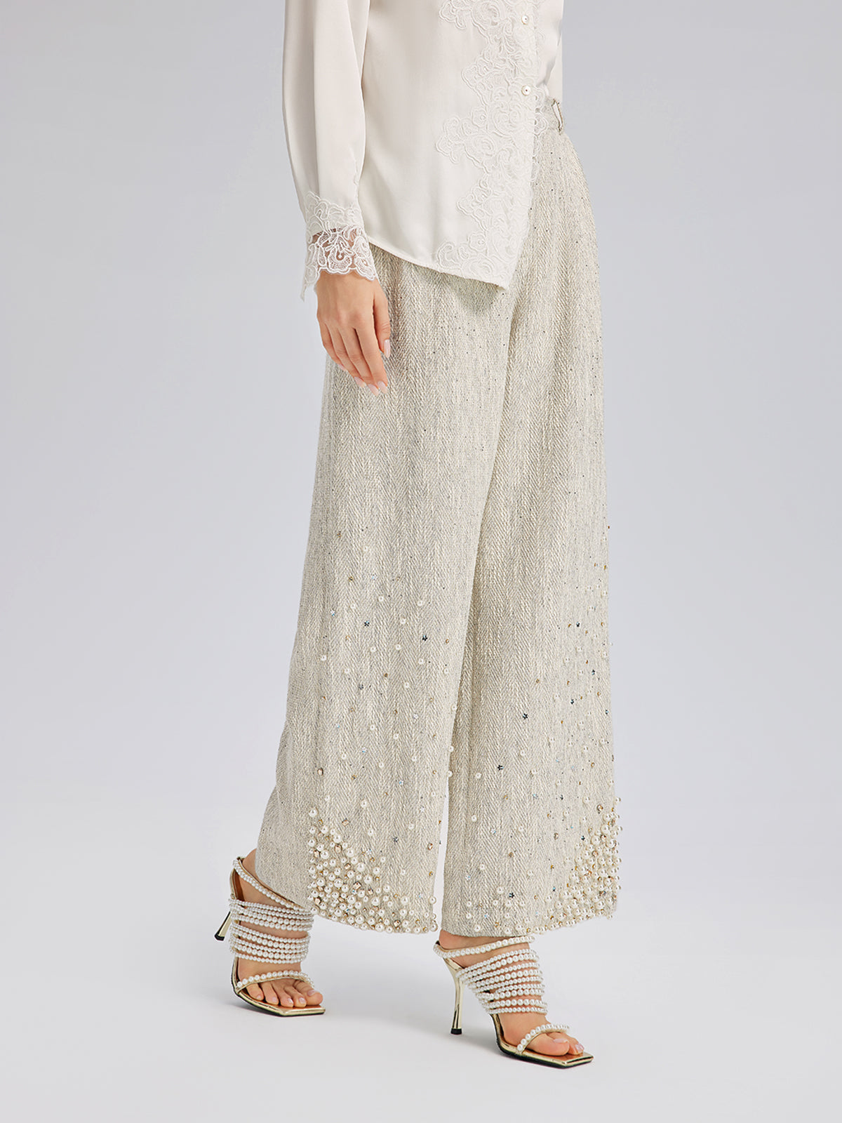 Hand-Sewn Pearl Textured Straight-Leg Pants