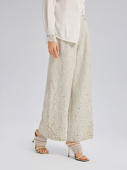 Hand-Sewn Pearl Textured Straight-Leg Pants
