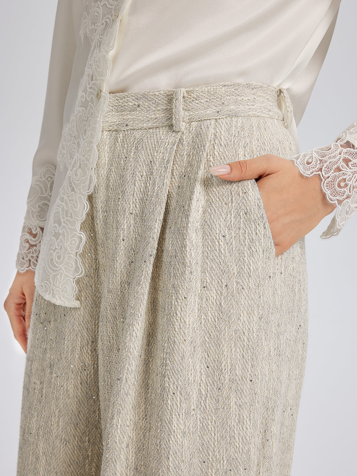 Hand-Sewn Pearl Textured Straight-Leg Pants