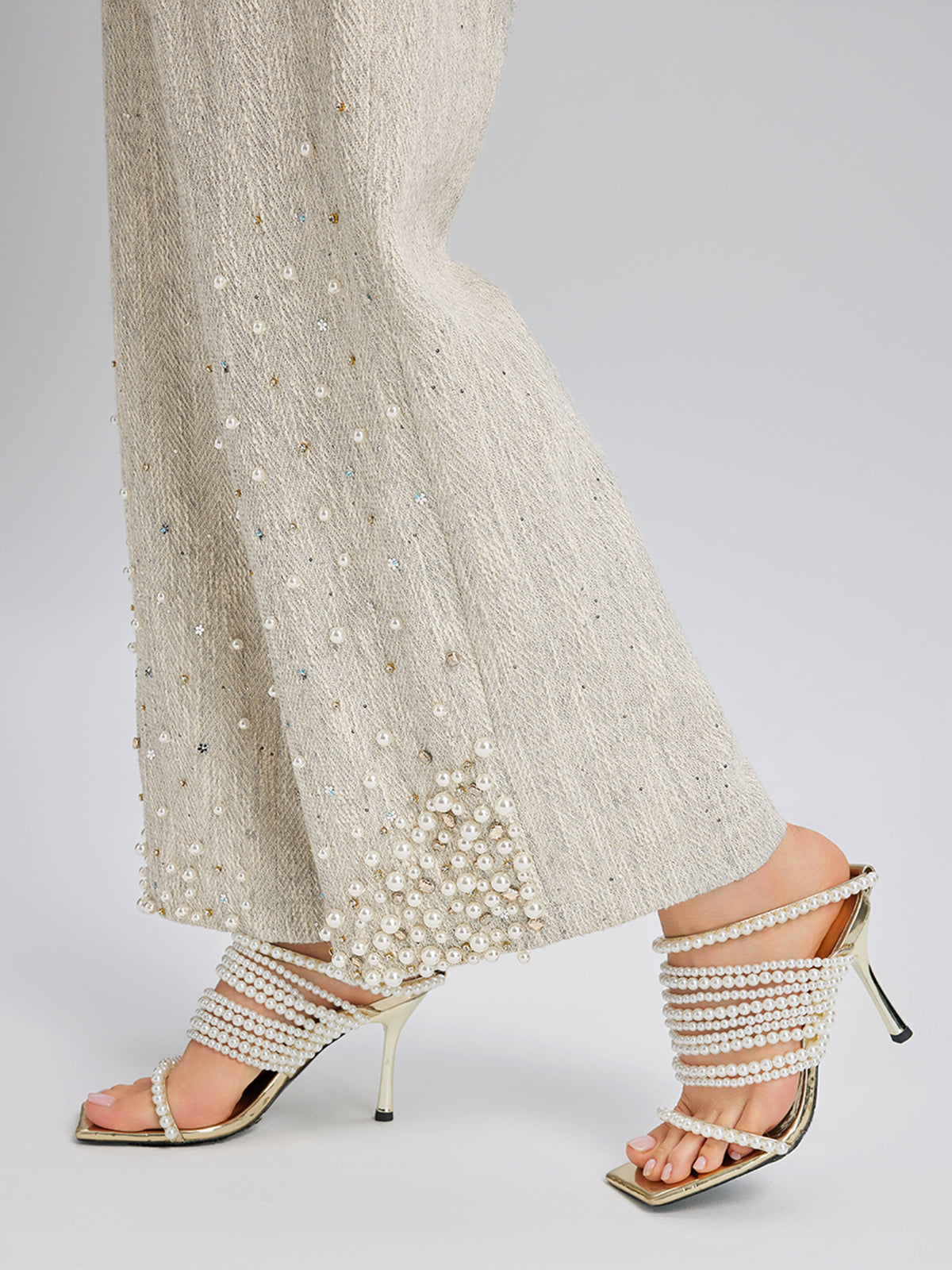 Hand-Sewn Pearl Textured Straight-Leg Pants