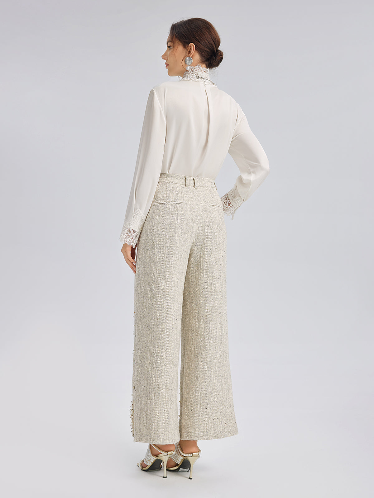 Hand-Sewn Pearl Textured Straight-Leg Pants