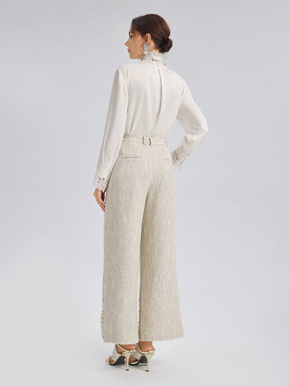 Hand-Sewn Pearl Textured Straight-Leg Pants