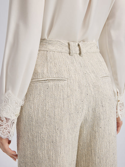 Hand-Sewn Pearl Textured Straight-Leg Pants