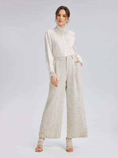 Hand-Sewn Pearl Textured Straight-Leg Pants