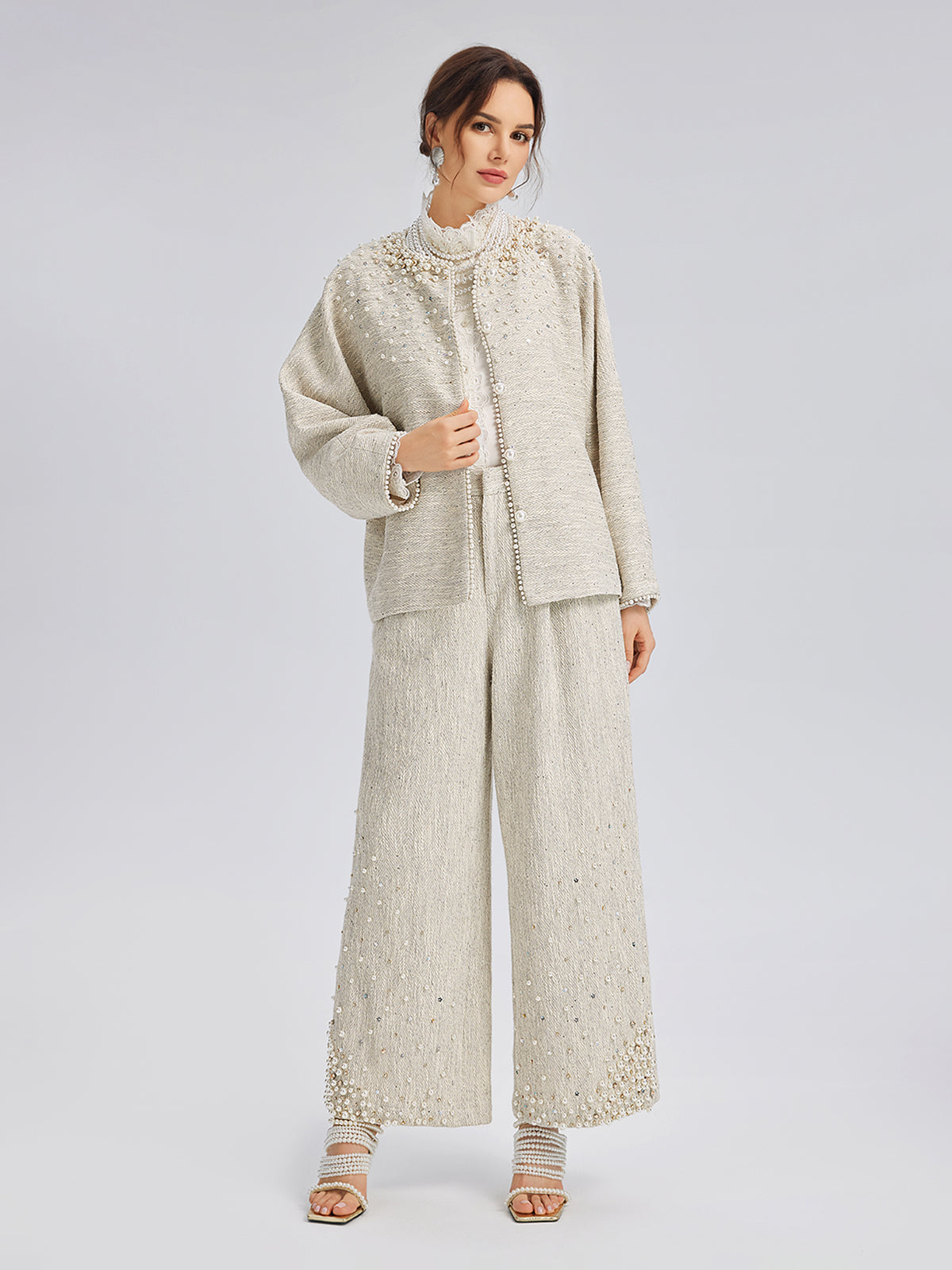 Hand-Sewn Pearl Textured Straight-Leg Pants