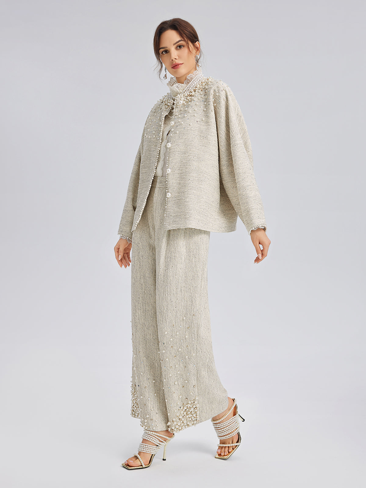 Hand-Sewn Pearl Textured Straight-Leg Pants