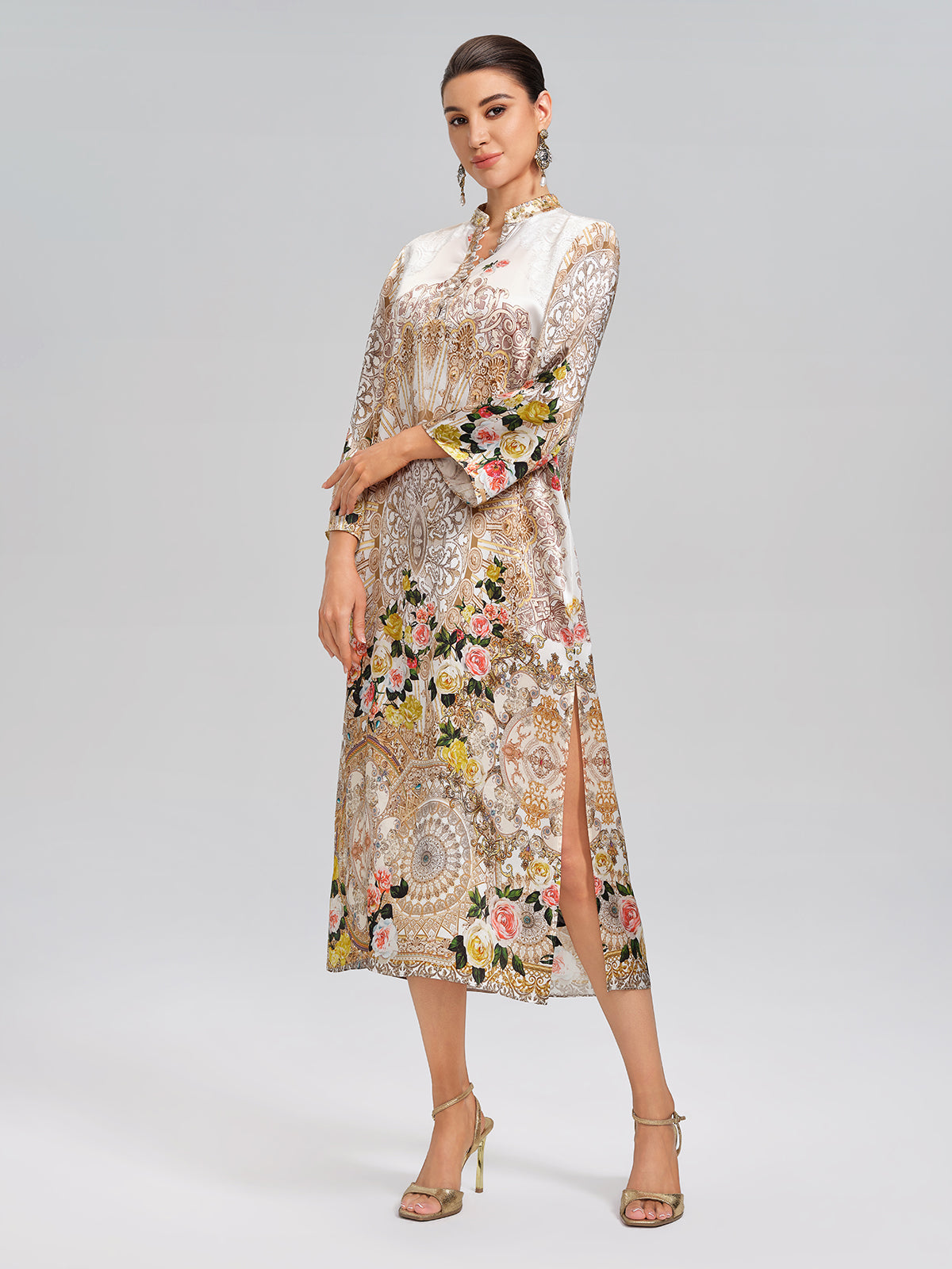 100% Silk Printed Stand-Collar Dress