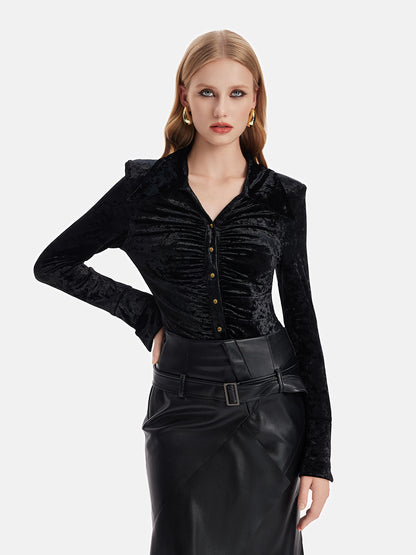 Gold Velvet Ruched Shoulder Pad Shirt