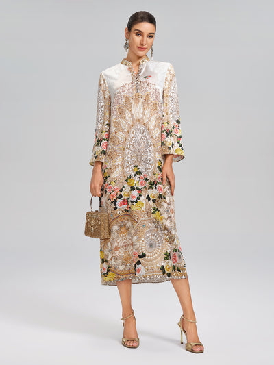 100% Silk Printed Stand-Collar Dress