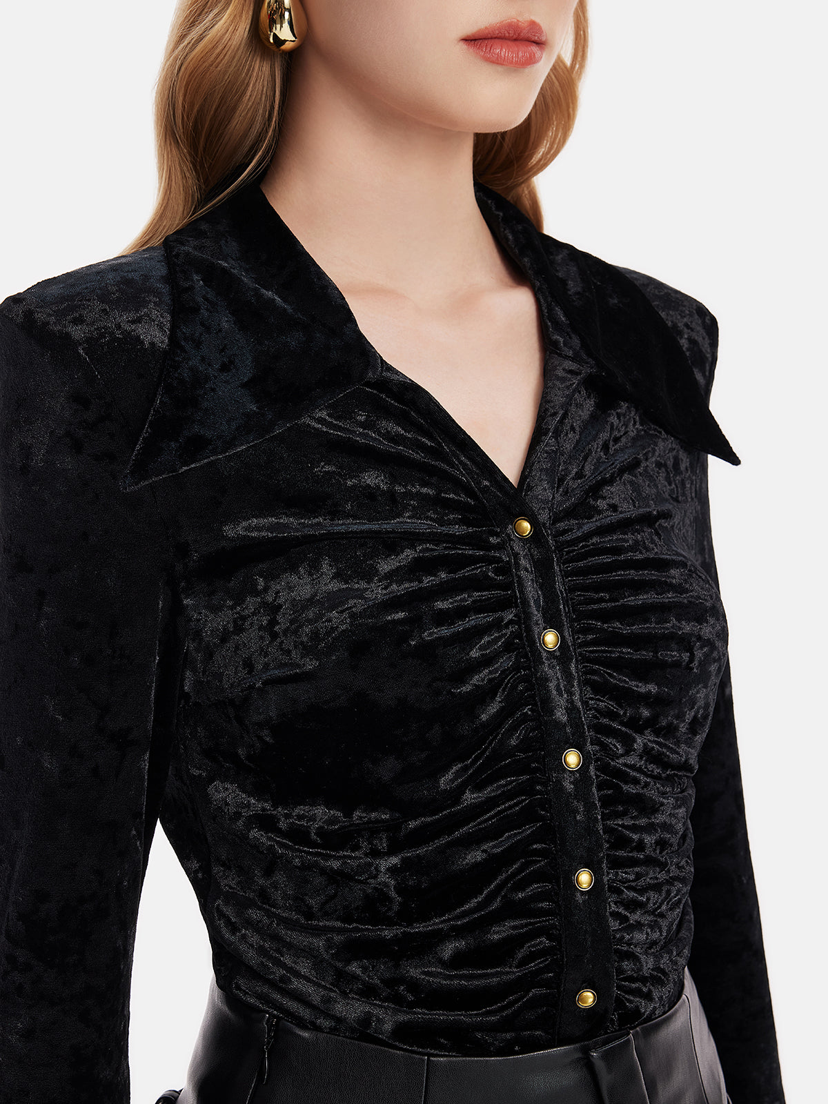 Gold Velvet Ruched Shoulder Pad Shirt