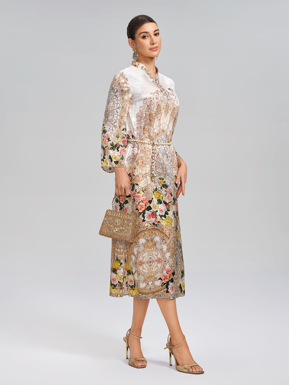 100% Silk Printed Stand-Collar Dress