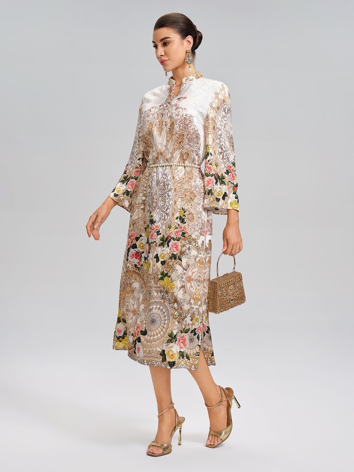 100% Silk Printed Stand-Collar Dress