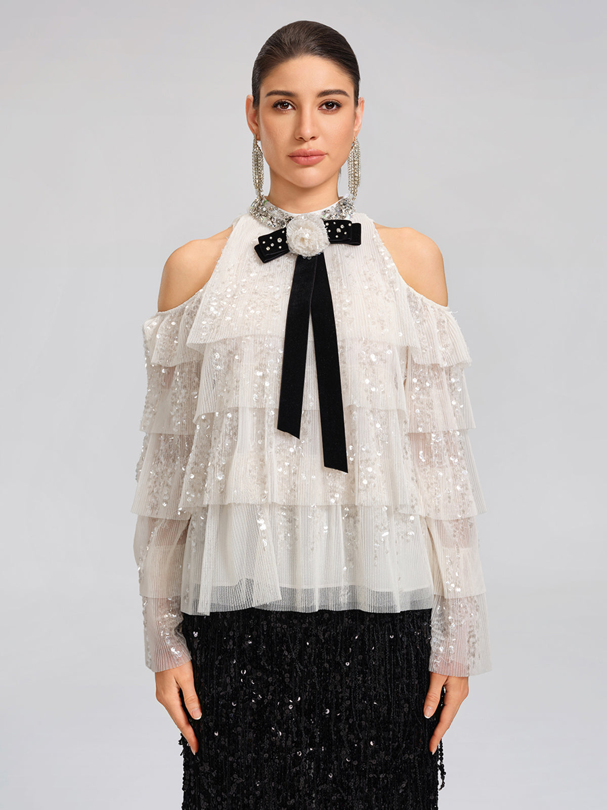 Sequin Pleated Mesh Cold-Shoulder Top (Detachable Bow Included)