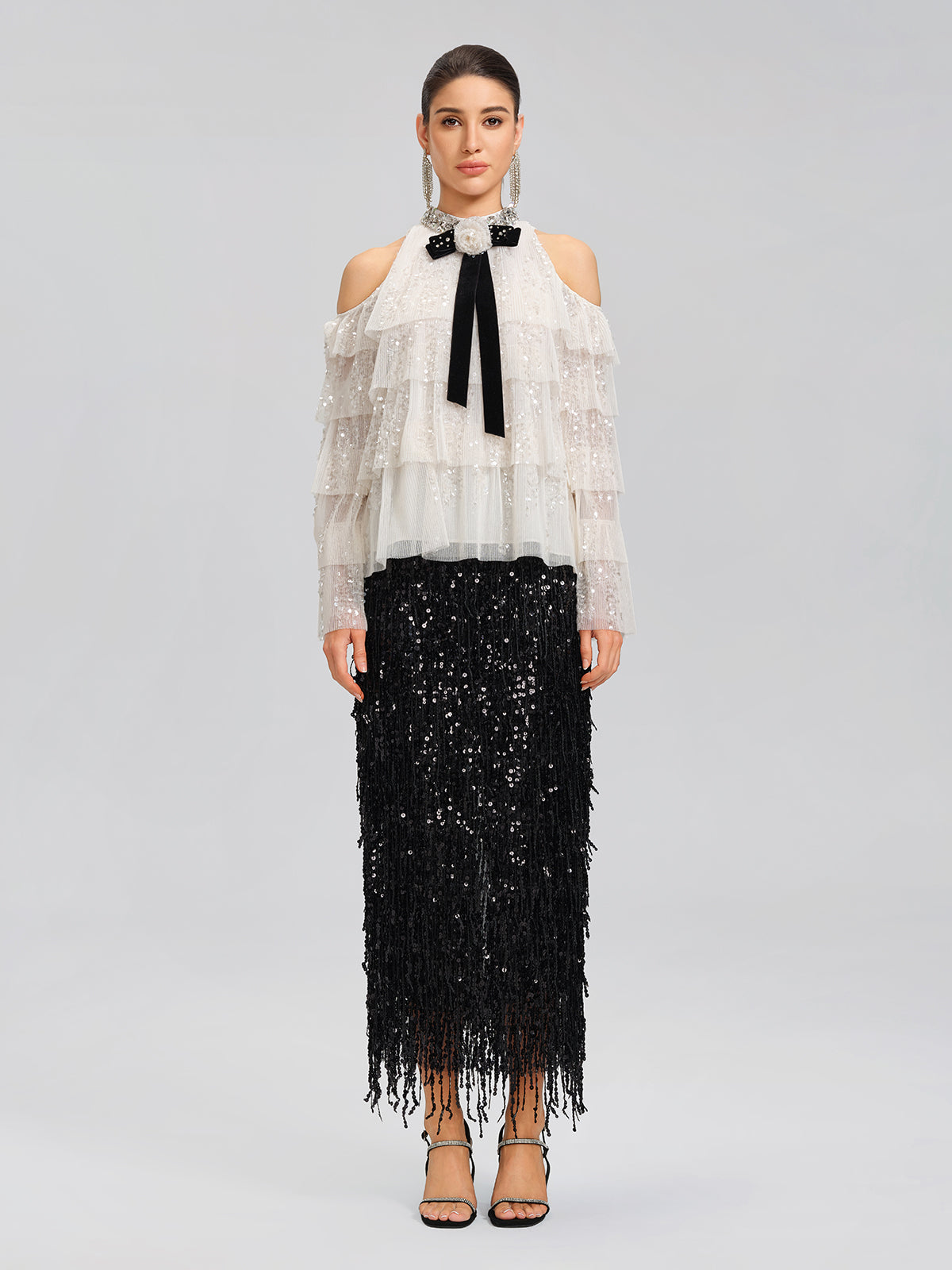 Sequin Pleated Mesh Cold-Shoulder Top (Detachable Bow Included)