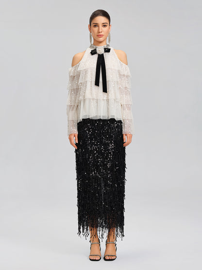 Sequin Pleated Mesh Cold-Shoulder Top (Detachable Bow Included)