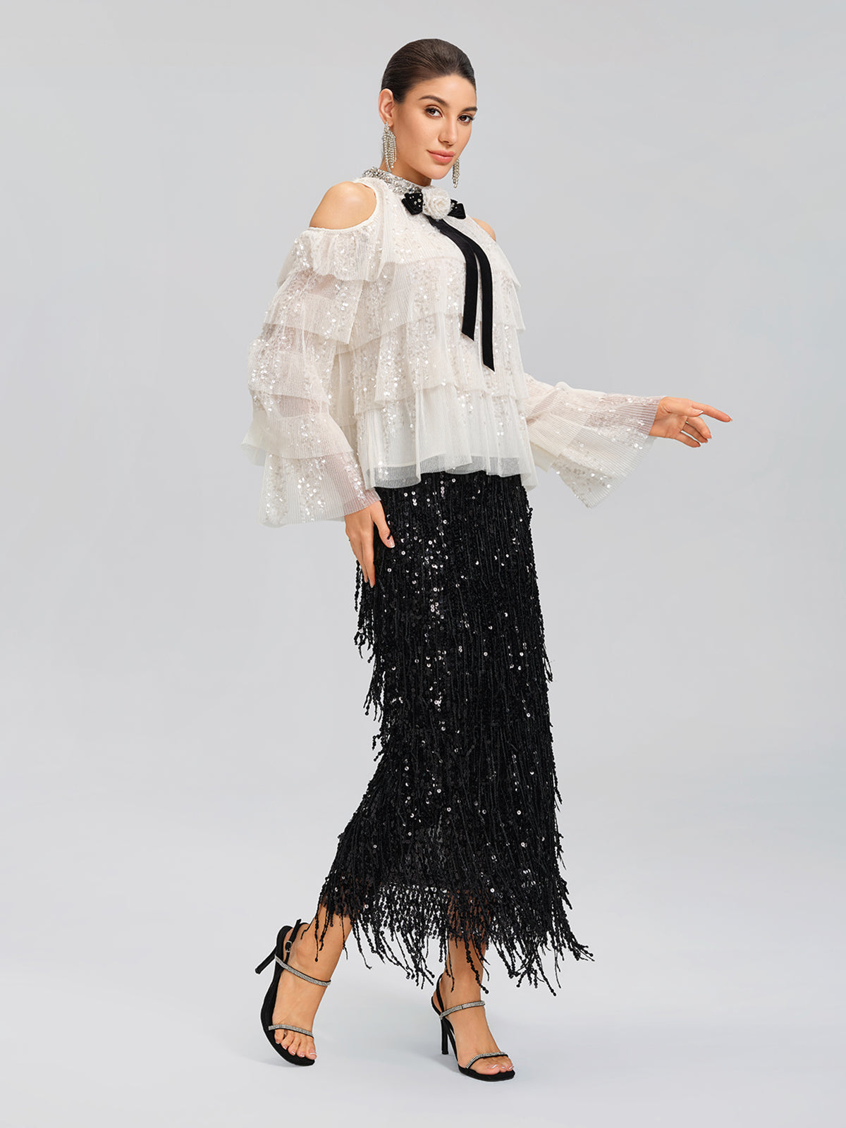 Sequin Pleated Mesh Cold-Shoulder Top (Detachable Bow Included)