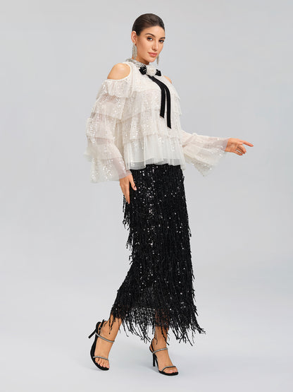 Sequin Pleated Mesh Cold-Shoulder Top (Detachable Bow Included)
