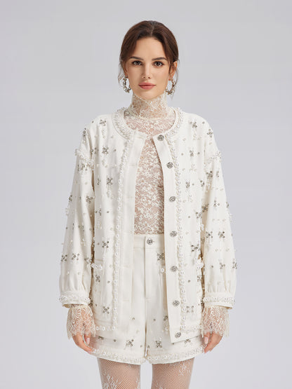 Hand-Beaded Pearl Ribbon Denim Jacket