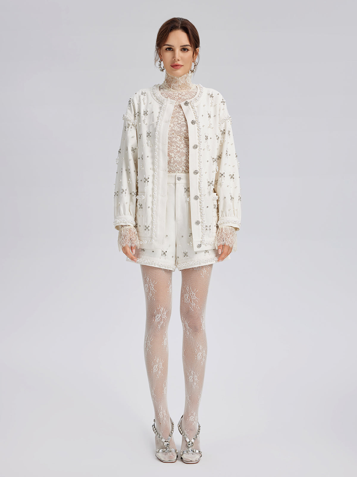 Hand-Beaded Pearl Ribbon Denim Jacket