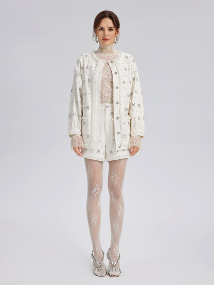 Hand-Beaded Pearl Ribbon Denim Jacket