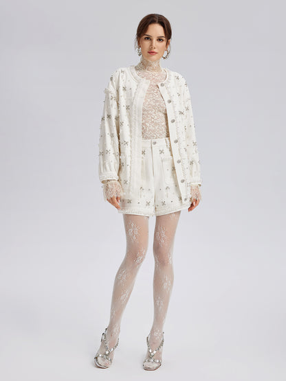 Hand-Beaded Pearl Ribbon Denim Jacket