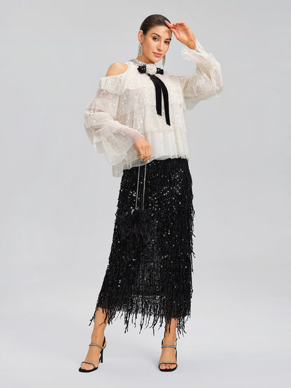 Sequin Pleated Mesh Cold-Shoulder Top (Detachable Bow Included)