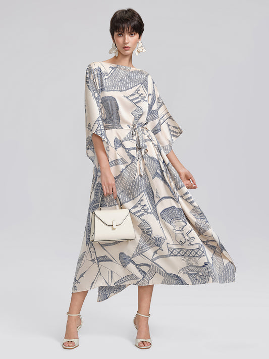 Acetate Satin Nautical Print Dress(Waist Tie Included)