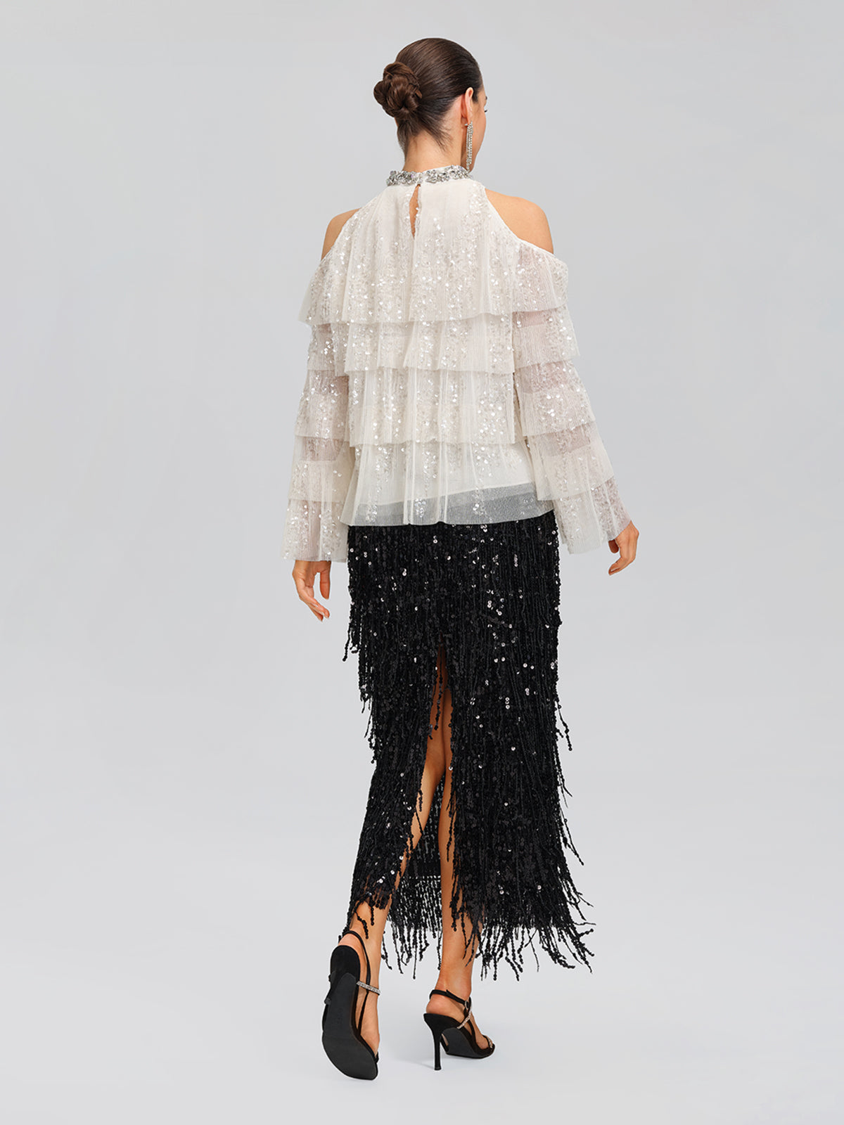 Sequin Pleated Mesh Cold-Shoulder Top (Detachable Bow Included)